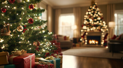 cozy living room with beautifully decorated Christmas tree, glowing lights, and wrapped gifts creates warm holiday atmosphere. fireplace adds to festive charm.