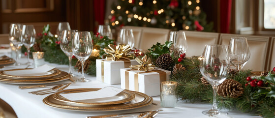 Fototapeta premium Elegant festive dining table with Christmas gifts, adorned with gold accents, pinecones, and greenery, creating warm holiday atmosphere.