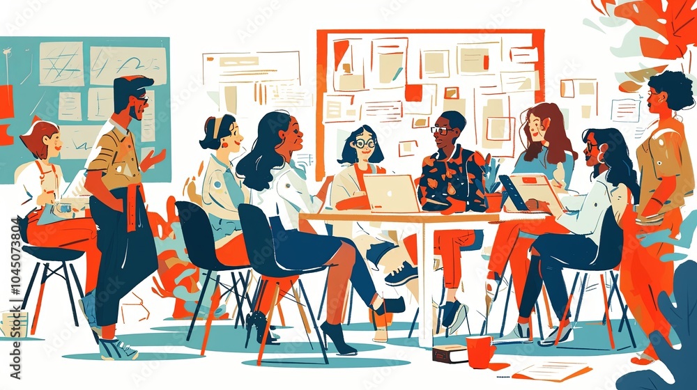 Poster a diverse group of professionals engaged in a collaborative brainstorming session in a bright modern