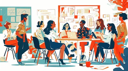 A diverse group of professionals engaged in a collaborative brainstorming session in a bright modern office space filled with creative and dynamic energy.