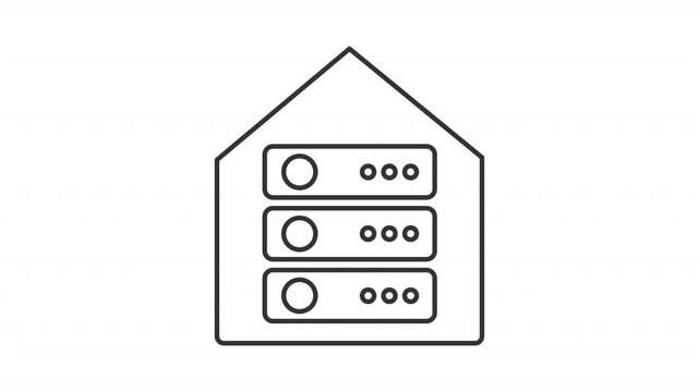 Server warehouse line animation. Datacenter animated icon. Scaling dots. Database infrastructure. Black illustration on white background. HD video with alpha channel. Motion graphic