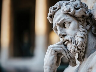 Naklejka premium Detailed stone sculpture focusing on a bearded man with a thoughtful expression, highlighting intricate craftsmanship and classical art style.