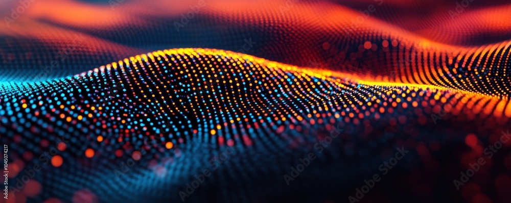 Poster an abstract wave pattern featuring vibrant colors and glowing dots, perfect for backgrounds or digit