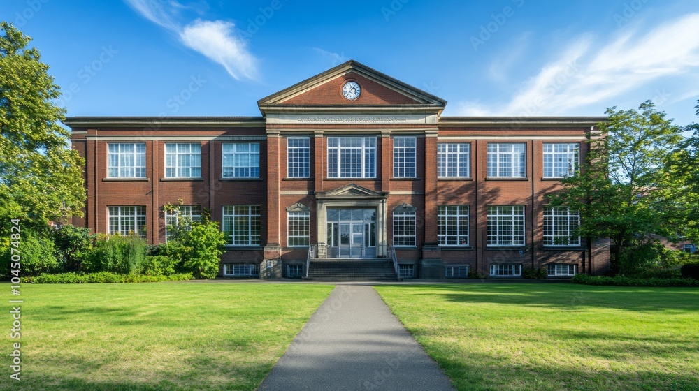 Aufkleber A large brick building with a clock tower and a large window