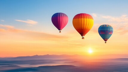 Naklejka premium Colorful hot air balloons soar across a vibrant sunset sky, showcasing a stunning display of hues and tranquility in the sky.