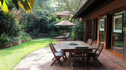 Obraz premium Serene Outdoor Patio in a Lush Garden Setting