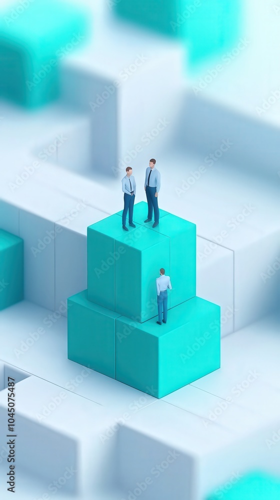 Poster three business professionals strategically positioned on colorful blocks representing teamwork and s