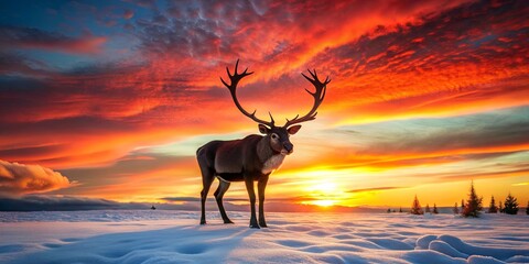 A Majestic Deer Stands Tall in the Glow of a Dramatic Sunset on a Snowy Landscape