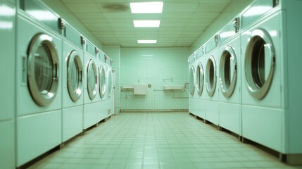 A spacious vintage laundromat with rows of classic, industrial washing machines and tiled walls and floors, invoking a sense of nostalgia and routine cleanliness.