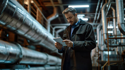 Portrait of professional engineer using tablet in industrial facility with pipeline background. Inspecting and monitoring production processes. Concept of modern manufacturing, industrial automation