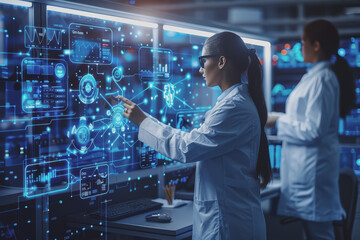 Medical technology Healthcare, doctors, and professional health teams working in a modern hospital.