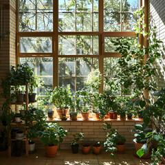 Product presentation background with light and complex shadows from the window and plants on the wall