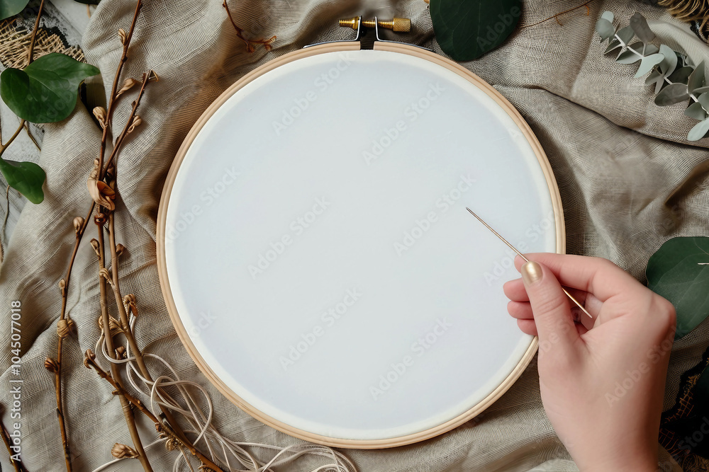 Poster embroidery in a cozy nook with a hoop threads and patterns generative ai image