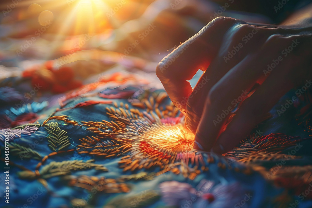 Poster embroidery in a cozy nook with a hoop threads and patterns generative ai image
