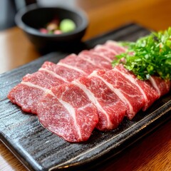 Fototapeta premium Perfectly marbled meat slices with appealing garnishes on a dark elegant plate, showcasing premium quality for the ultimate dining experience.
