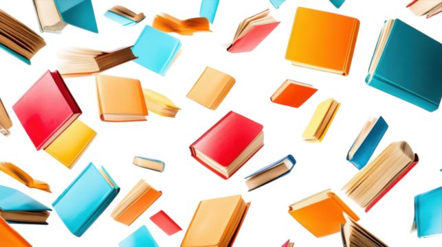 Colorful books cascading down in a playful arrangement against a bright white background
