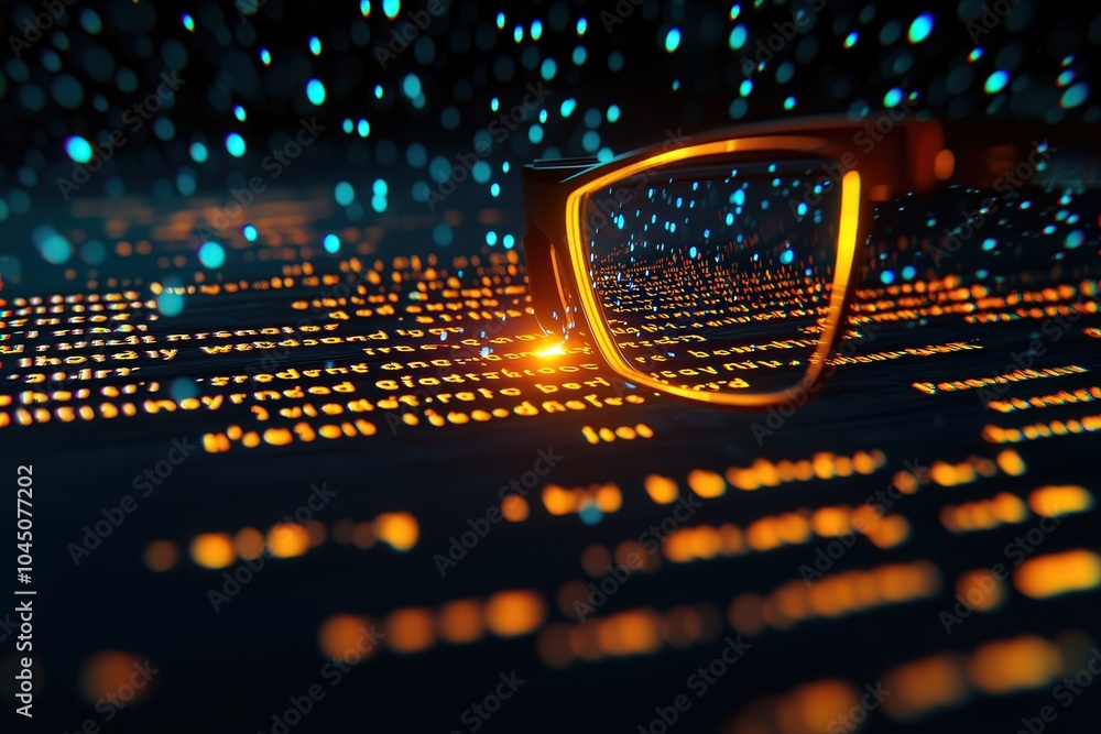 Poster exploring the intersection of technology and vision through digital text and glasses