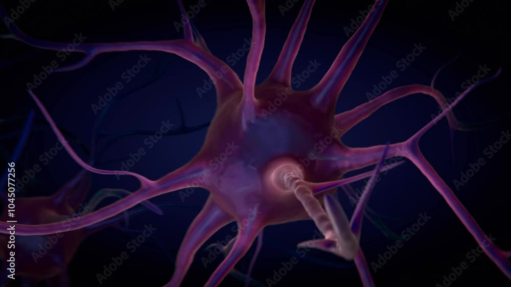 Poster macro animation neurons in the brain. cells sending electrical and chemical signals. 3d render anima