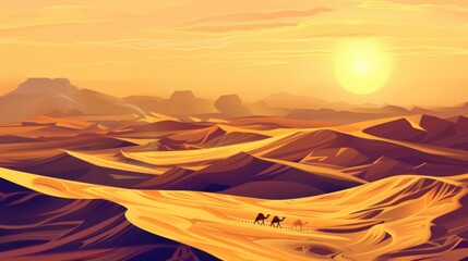 Desert Landscape with Camels and Sunset