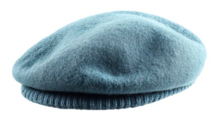 Soft blue wool beret resting elegantly on white background, showcasing its cozy texture and shape
