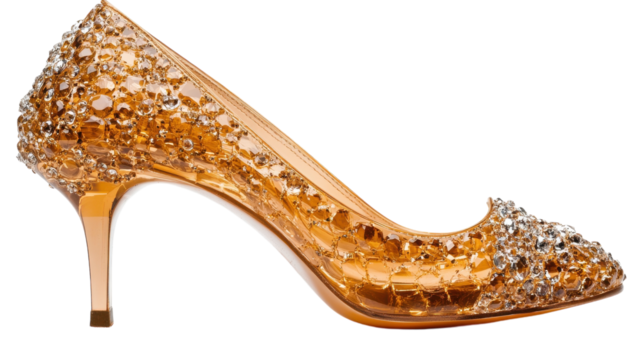 Elegant crystal-embellished high heel in shimmering orange displayed on a minimalist background