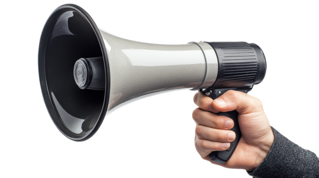 A hand gripping a megaphone, ready to amplify voices in a crowded rally or event