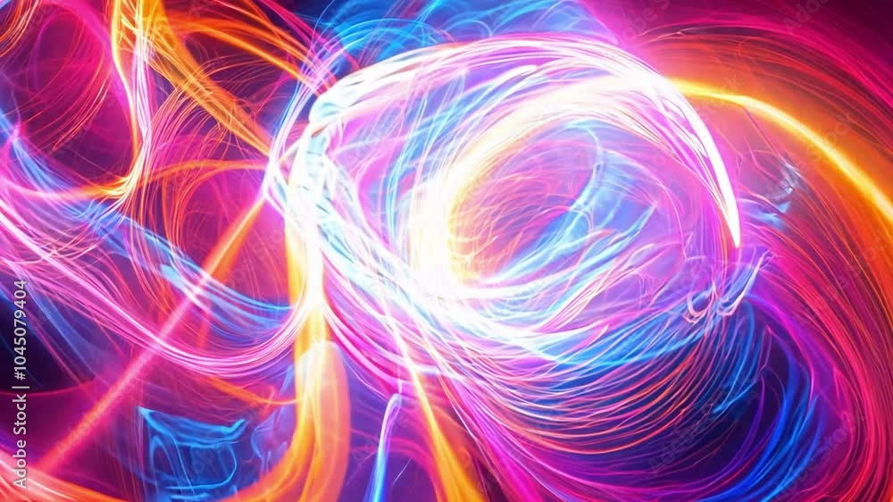 Poster vibrant light trails intertwining in a mesmerizing display of colors with dynamic movement in a dark