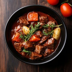 Savory beef stew in a black bowl with carrots, potatoes, herbs, and a rich sauce, perfect for comforting meals, capturing the essence of homely cooking.