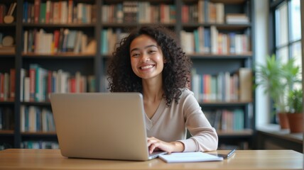 Confident young woman working in a library — A young woman with curly hair smiling while working on a laptop in a library, looking confident and productive.
