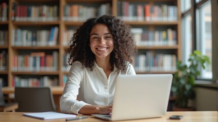 Focused young woman researching in the library — A happy young woman sitting at a desk, researching on her laptop in a quiet library setting.