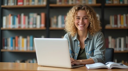 Student enjoying learning in a cozy library — A joyful young woman sitting at a desk in a library, using a laptop and enjoying her study time.