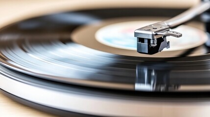 Vinyl record spinning on a turntable, capturing the essence of analog music, AI