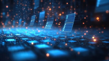 abstract visual representation of compliance, with documents featuring checkboxes floating against a sleek blue virtual screen, symbolizing governance and regulation policies