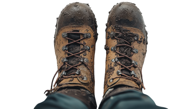 Exploring rugged trails in muddy hiking boots at the break of dawn on an adventurous journey