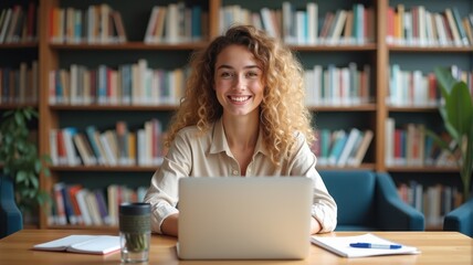 Focused woman studying in a cozy library environment — A young woman smiling as she works on her laptop in a calm library, filled with books.
