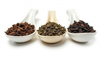  A trio of aromatic spices in white bowls