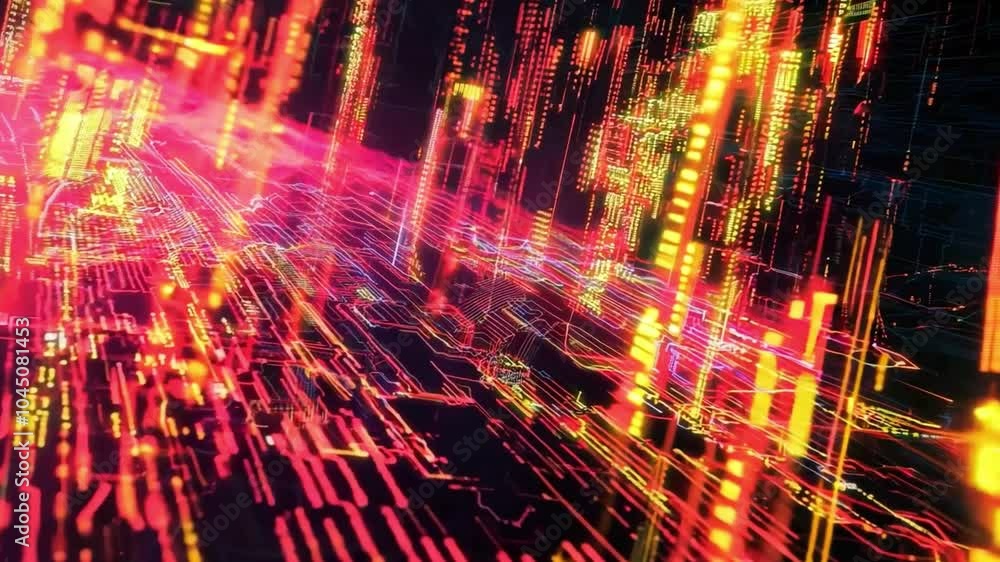 Poster vibrant digital landscape with glowing lines and patterns created by data streams in an abstract spa