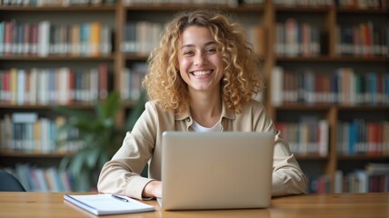 Smiling woman enjoying work in a peaceful library — A happy young woman working on her laptop in a quiet, peaceful library environment, surrounded by books.
