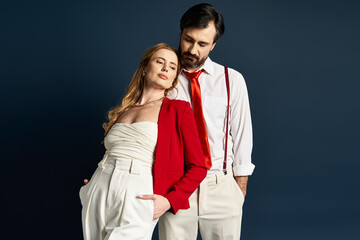 A middle aged couple expresses their unique styles with a vibrant outfit combination and poses.