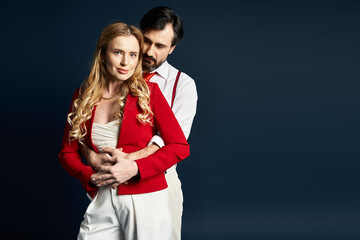 A middle aged couple showcases their love, dressed in stylish outfits, creating a heartfelt moment.