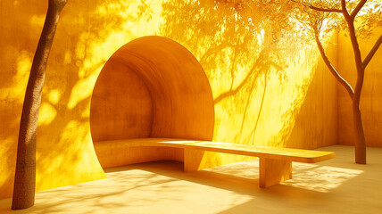 Abstract yellow empty concrete interior with grunge texture of round and curved structure