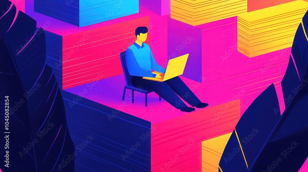 Poster exploring digital creativity a journey of productivity in a colorful workspace environment