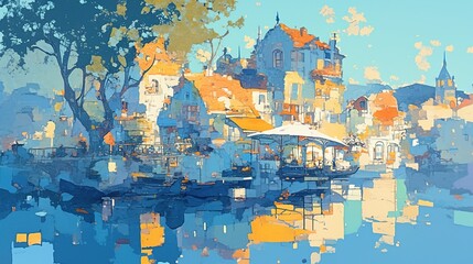  An Abstract Impressionist Illustration of a Serene Riverbank at Dusk, Featuring Acrylic Paint Texture and Oil Painting Quality, Capturing the Beautiful Play of Light and Shadows Reflected on the Wate
