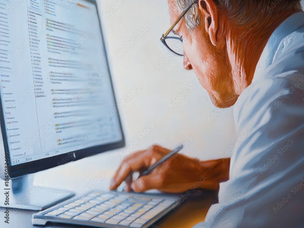 Poster elderly man engaged in digital work on computer screen with documents and notes