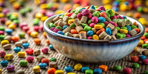 A vibrant bowl overflowing with colorful, speckled, and glazed treats, surrounded by scattered delights on a textured surface.