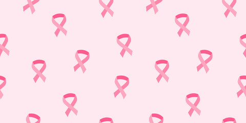 Breast cancer awareness month. Seamless pattern with pink ribbons on pink light background. Fight and hope concept.