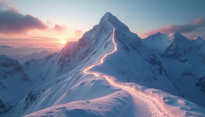 Fototapeta premium A breathtaking view of snow-covered mountain peaks with a glowing sunset casting warm light across the sky.