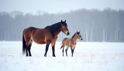  Winters serene beauty with a mother horse and her foal
