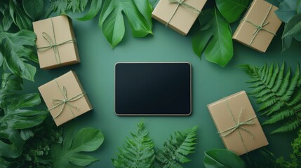 A flat lay of a black tablet surrounded by green leaves and gift boxes, creating a natural, eco-friendly workspace setting.