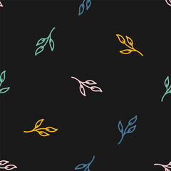 Black seamless pattern with colorful boho outline flowers leaves